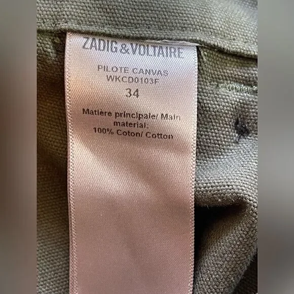 Zadig & Voltaire Pilote Canvas Cargo Jogger pant in olive green 34. NWT